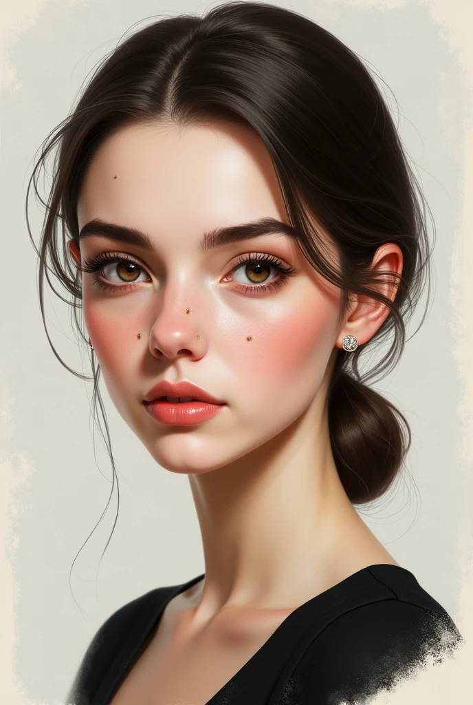 Character from my book, Samantha is 1, has brown eyes, slickedback hair, has three moles on his face, earrings in ear, rounded nose, a not very fleshy mouth, white-skinned.