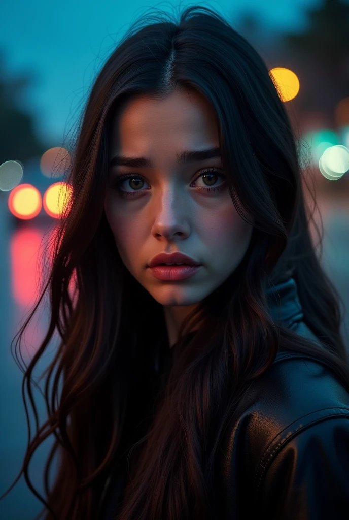 detailed photorealistic portrait of a young woman, 1girl, beautiful detailed eyes, beautiful detailed lips, extremely detailed face and eyes, long dark hair, worried expression, speeding car blurred in the background, dark shadows chasing her, dramatic lighting, moody colors, cinematic composition, dramatic atmosphere, (best quality,8k,highres,masterpiece:1.2),ultra-detailed,(realistic,photorealistic,photo-realistic:1.37),HDR,studio lighting,vivid colors,cinematic lighting