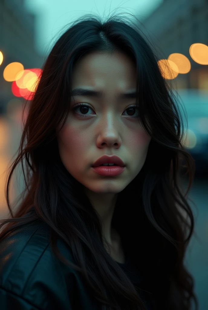 detailed photorealistic portrait of a young woman, 1girl, beautiful detailed eyes, beautiful detailed lips, extremely detailed face and eyes, long dark hair, worried expression, speeding car blurred in the background, dark shadows chasing her, dramatic lighting, moody colors, cinematic composition, dramatic atmosphere, (best quality,8k,highres,masterpiece:1.2),ultra-detailed,(realistic,photorealistic,photo-realistic:1.37),HDR,studio lighting,vivid colors,cinematic lighting