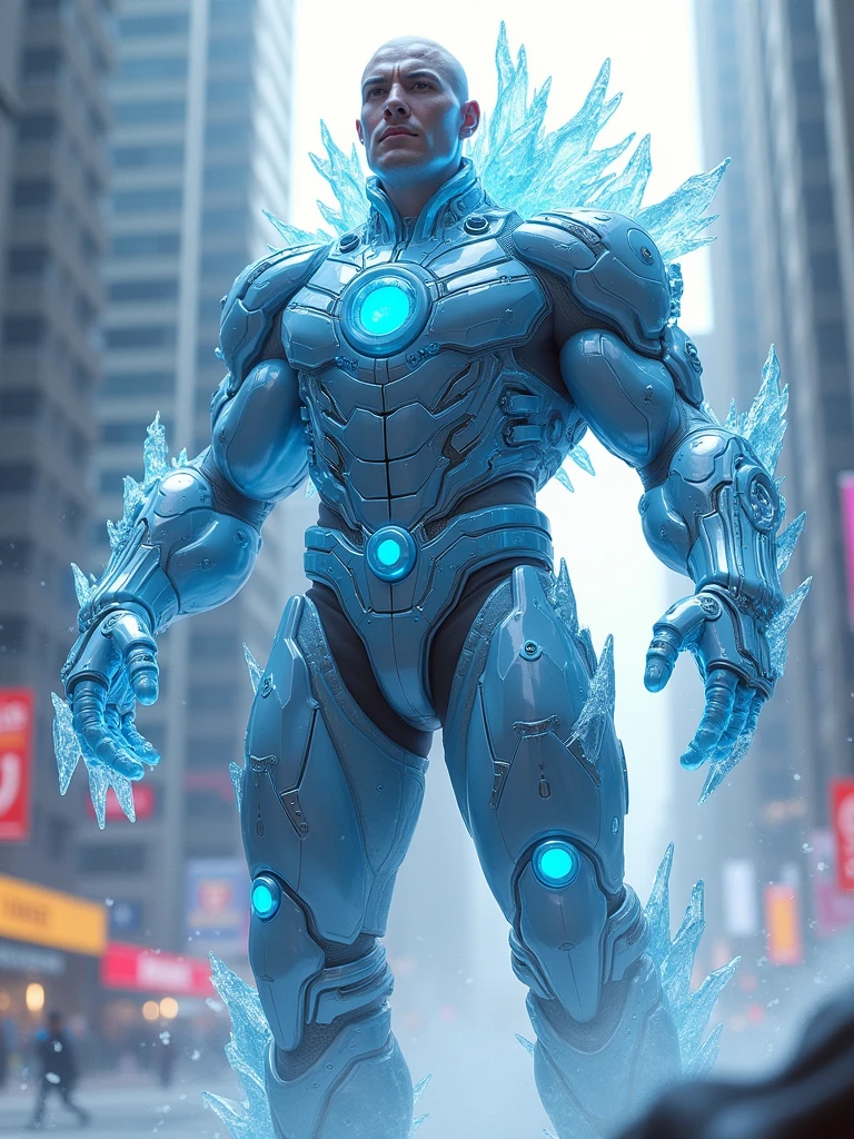 A man has ice-based powers and wears a shining, icy-themed outfit full of tubes. He is very tall, 2.10 meters. He ((has a backpack-like apparatus on his back with a person attached to it))—his companion, who fights alongside him while being strapped to his back