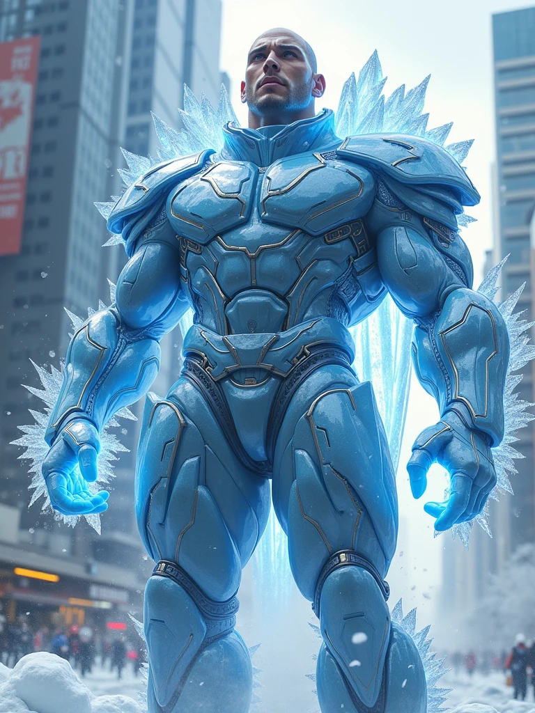 A man has ice-based powers and wears a shining, icy-themed outfit full of tubes. He is very tall, 2.10 meters. He ((has a backpack-like apparatus on his back with a person attached to it))—his companion, who fights alongside him while being strapped to his back