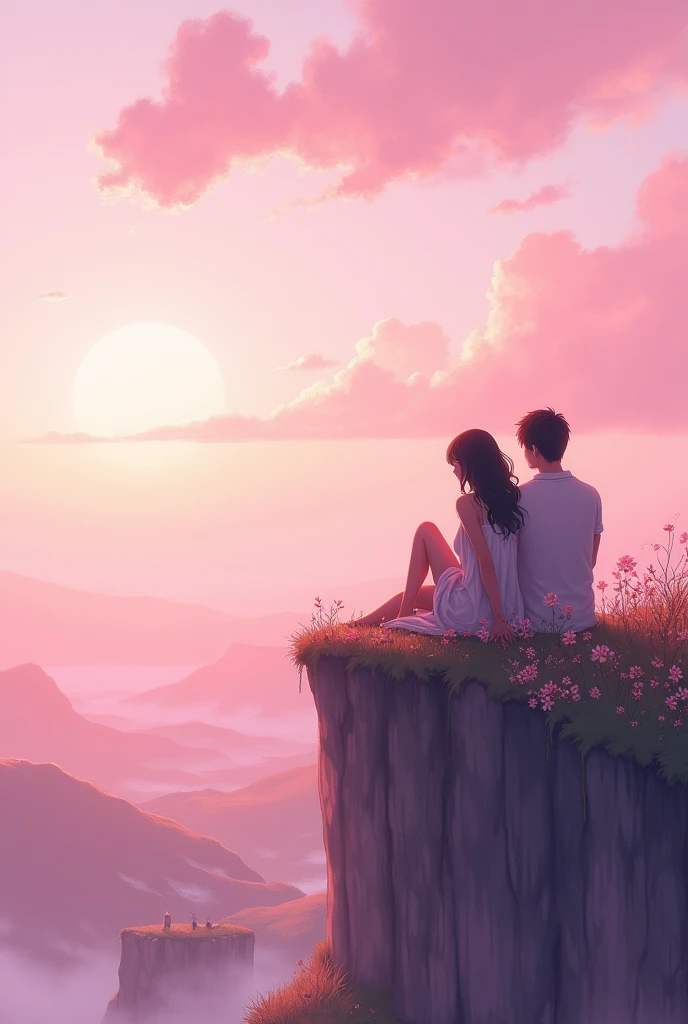 Two couples sitting on a cliff with pink atmosphere. The girl is laying on the boys shoulder