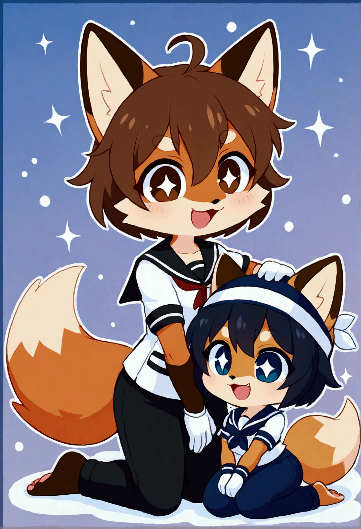 2girls, tanuki and fox, furry, bodyfur, tail, sailor suit, short sleeves, jersey pants, long pants, white gloves, barefoot, chibi, sparkling eyes, happy, full body, hand between legs, snow, kneeling