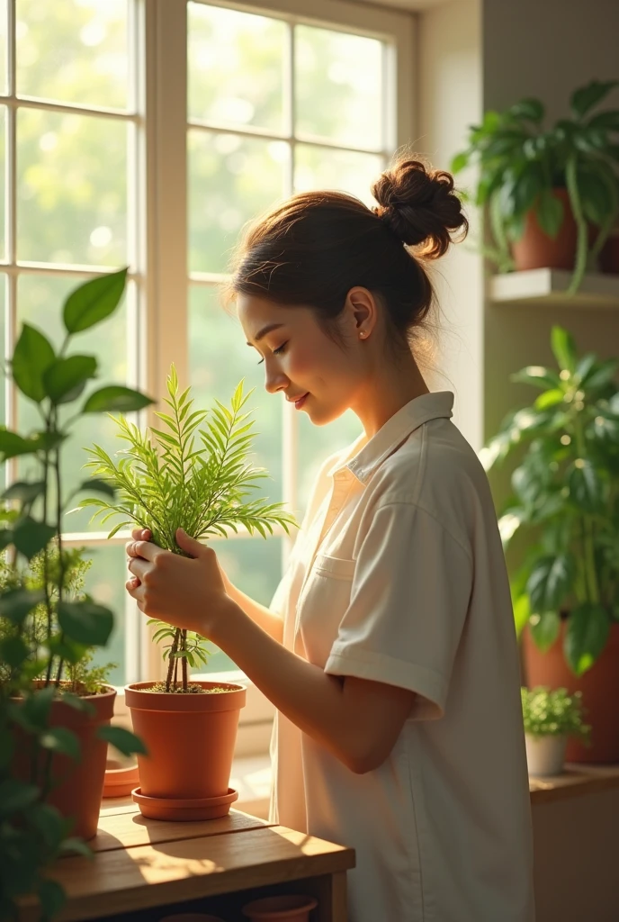 Person taking care of plant 
