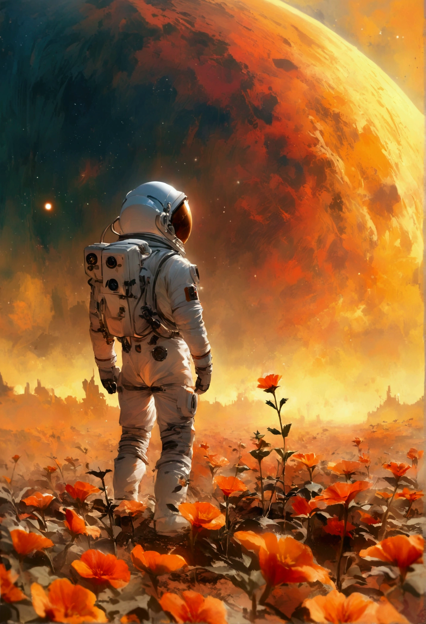 , Astronaut, child, planting a flower seedling, not only from Mars, cosmic sky, orange, Red fog, strong winds, atmospheric perspective, octane rendering, artwork, best quality, potential consciousness