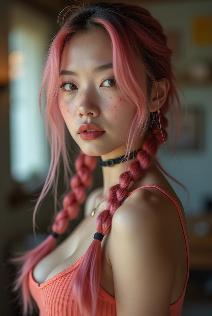 (Realisttic:1.2), analog photo style, Beautiful young Asian woman, posing, with freckles and long pink hair braided, (modern ambient atmosphere), soft natural light, cute and sexy, great quality, Masterpiece, detailed strange background, better performance, 16k quality, RAW photo, sexy clothes, sexy choker, black choker, clevage, big tits, big fat tits, round tits, masive tits, giant ,