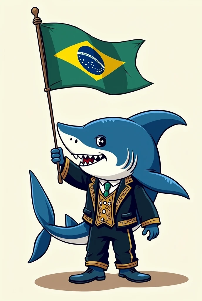 A cartoon-style shark, using the colors blue, black and white and the style of clothing from Espírito Santo, elegant and holding a Grêmio flag.
