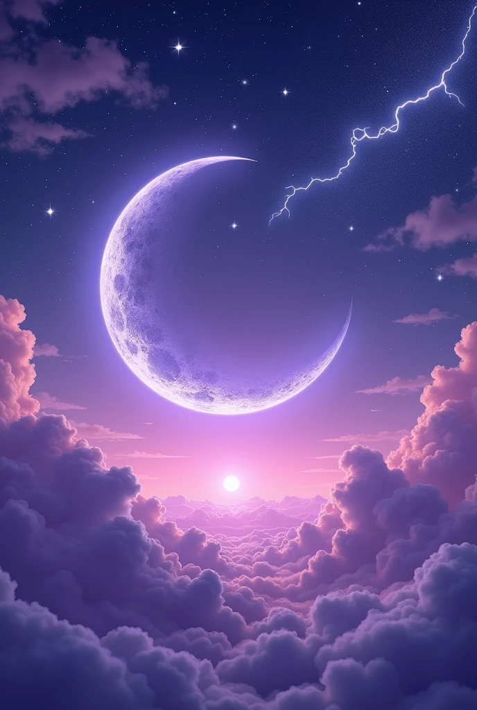 Shiny quarter moon ,purple sky ,clouds , blue lightning , stars in the sky,Realist