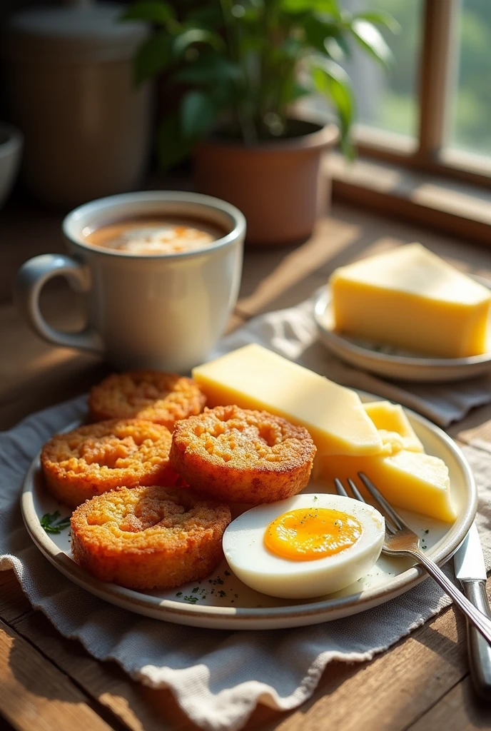 A breakfast that only contains fried yuca, boiled eggs, a piece of cheese and tea with milk.
