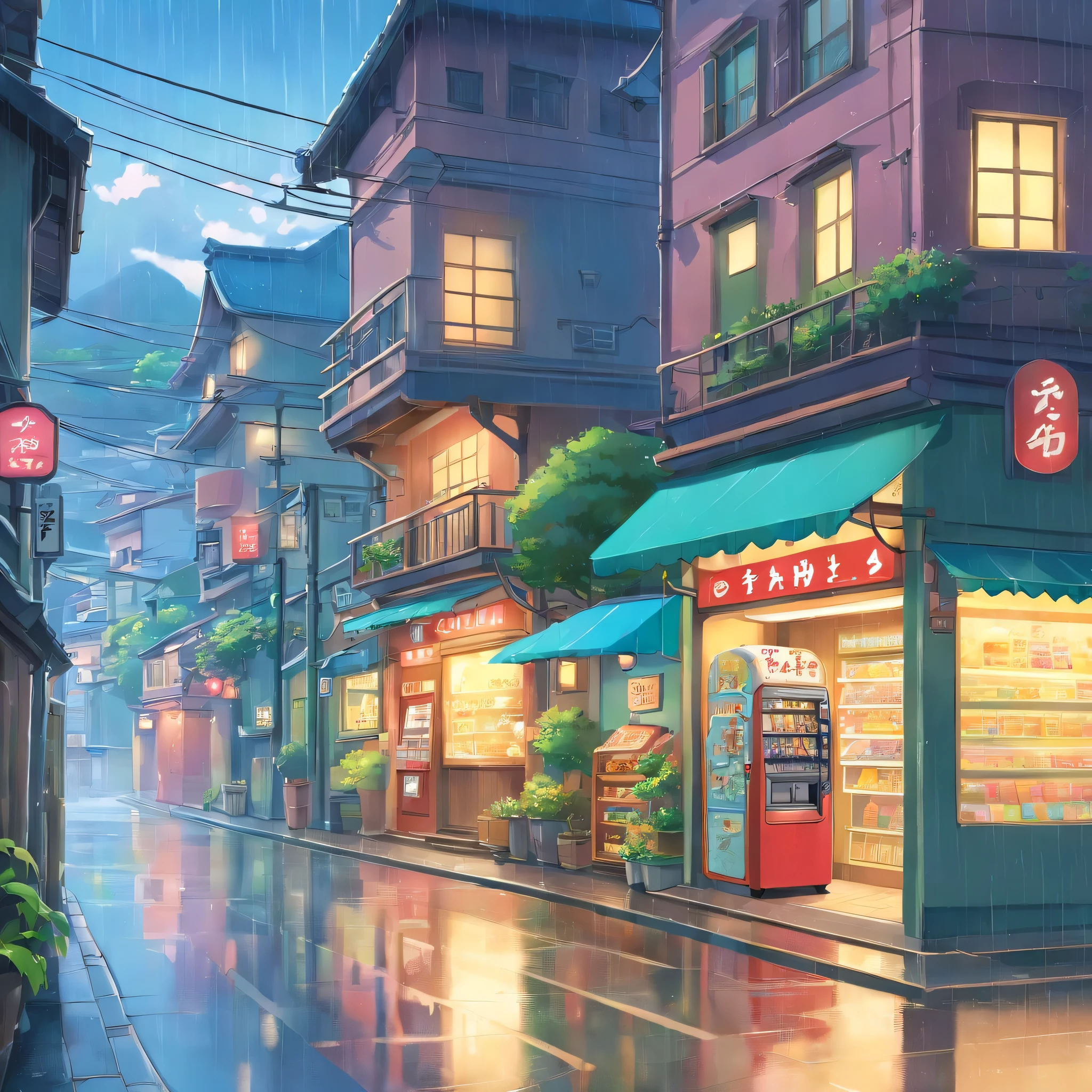 in the rain、high resolution、Cloudy、Photorealistic Stick、Calm down、vending machine、Japan townscape、Electric pole、A little bit of nature、Paved roads、Emotional、Countryside view、Shopping Street