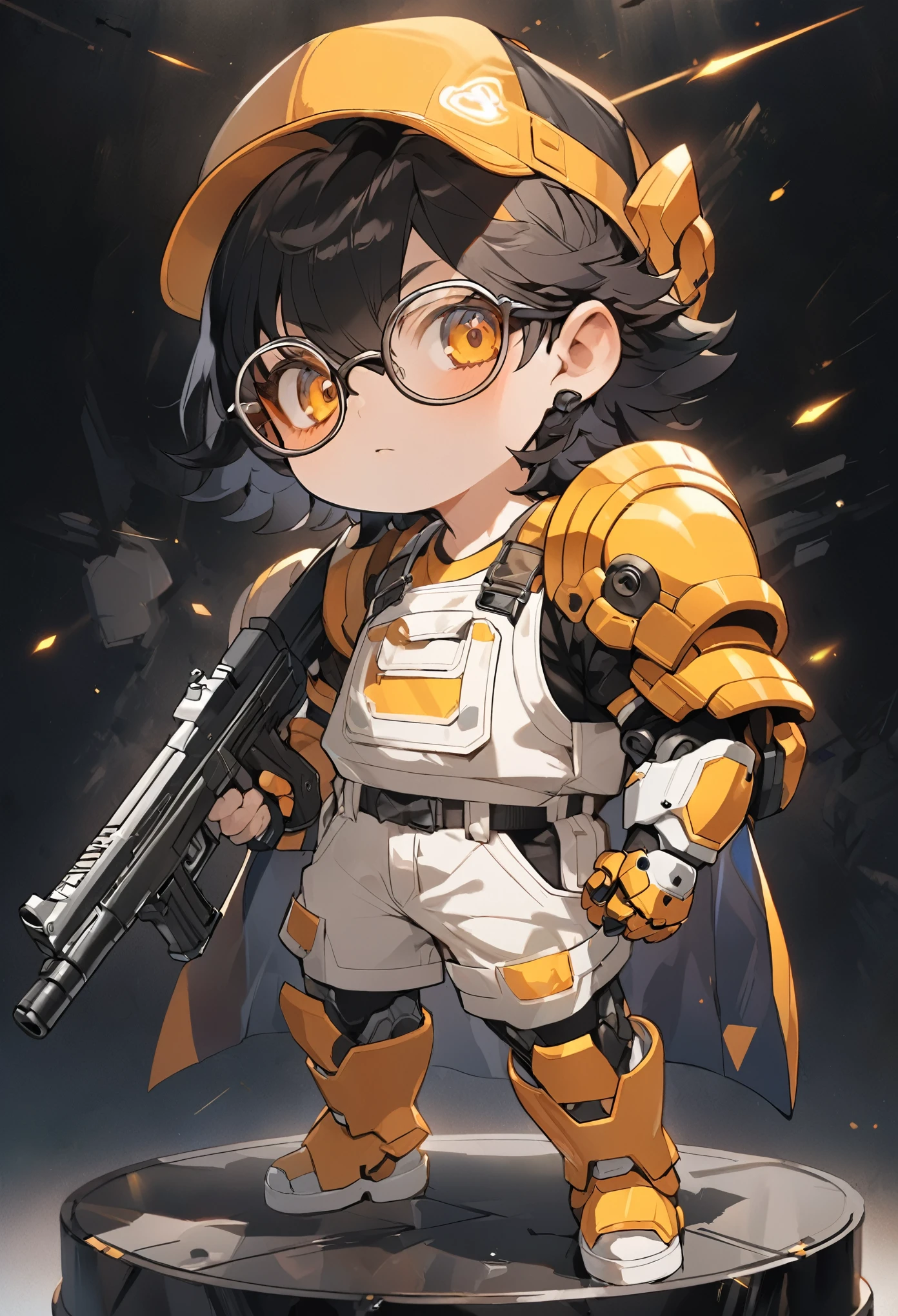 Anime art(1.2), character face anime arymt 0.71),  High quality, 1boy, modern mechanical armor degine, cute,  baseball cap, no glove, glasses, anime eye 1.5, black hair, hand gun, chibi, ten years old, white overall, blue cape, hansom boy, solo, whitelongboots, big head, (both shoulder armor, yellow shirts, front fullbody, modern degin, head 0.6, lookat strong, solo, boy rendering)background frism hologram