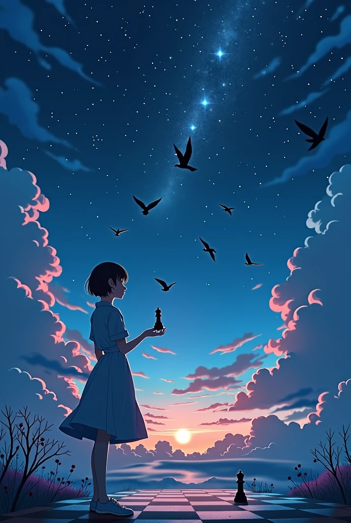 Starry Sky,Chess board,Chess Pieces,One woman,one piece,Many birds in the sky,Fantasy,Shining,grow,anime風,Makoto Shinkai style,anime