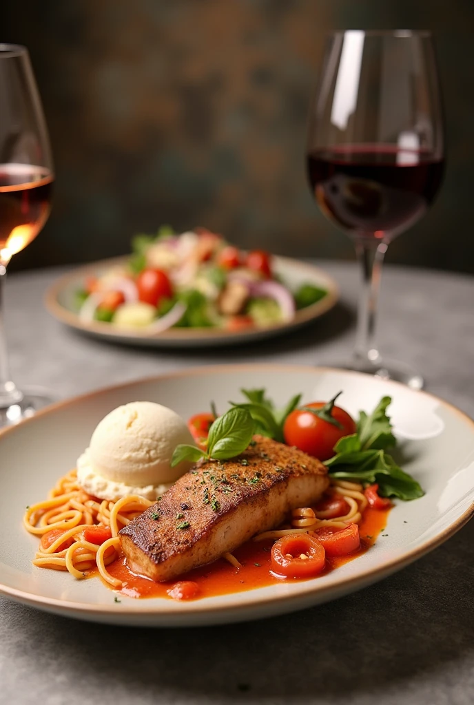 A full course Italian meal is served on the table、Antipasta、salad、Main meat and fish、Dessert cake and ice cream、And delicious wine and espresso
