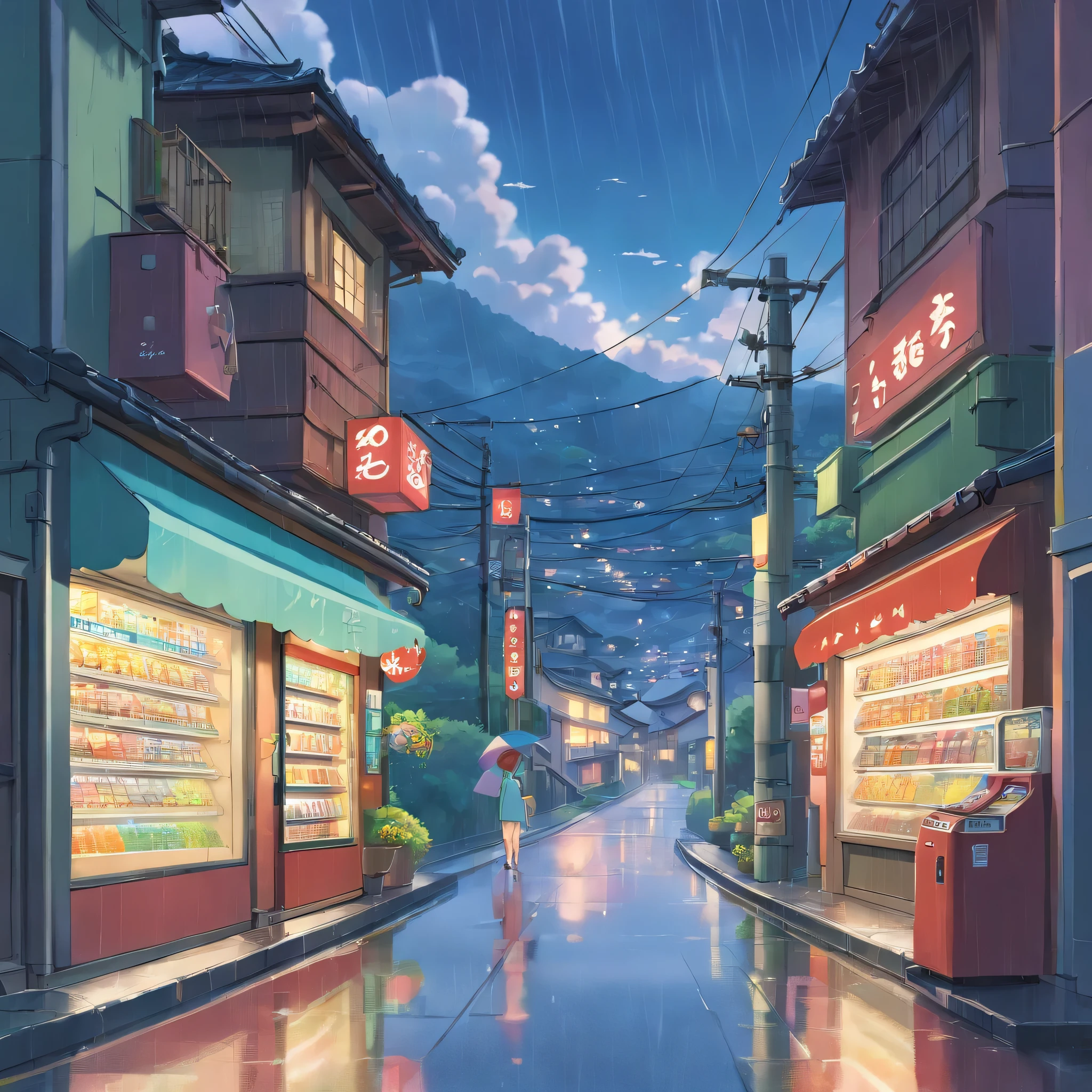 in the rain、high resolution、Cloudy、Photorealistic Stick、Calm down、vending machine、Japan townscape、Electric pole、A little bit of nature、Paved roads、Emotional、Countryside view、Shopping Street