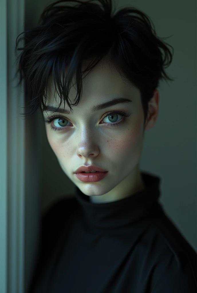 She was a woman of 1,84m, has very white skin. His black eyes and extremely black hair, and the face slightly thin, black and full eyebrows, piercing in the shadow, tomboy style short hair, thin, pretty nose and slightly large, pink mouth