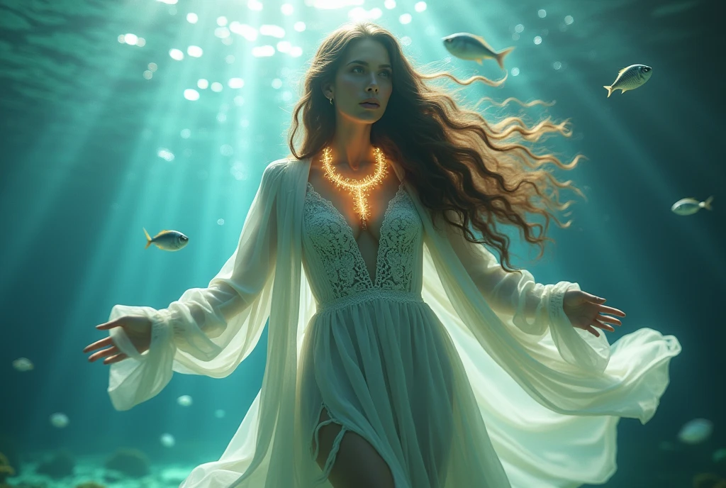 High detail CG，rich details​，An underwater world in the sun，deep water，water bubbles，small fish swimming around，Dress normally，White lace dress，The outside is covered with a white coat，Dragon girl，Wear an exaggerated necklace，Brown hair long，The sun shines on the body，glowing white，The art of clocking in