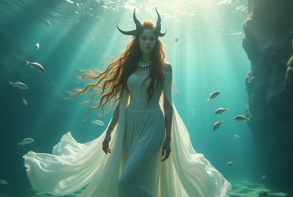 High detail CG,rich details,An underwater world in the sun,deep water,water bubbles,small fish swimming around,Dress normally,White lace dress,The outside is covered with a white coat,Dragon girl,Wear an exaggerated necklace,Brown hair long,The sun shines on the body,glowing white,The art of clocking in