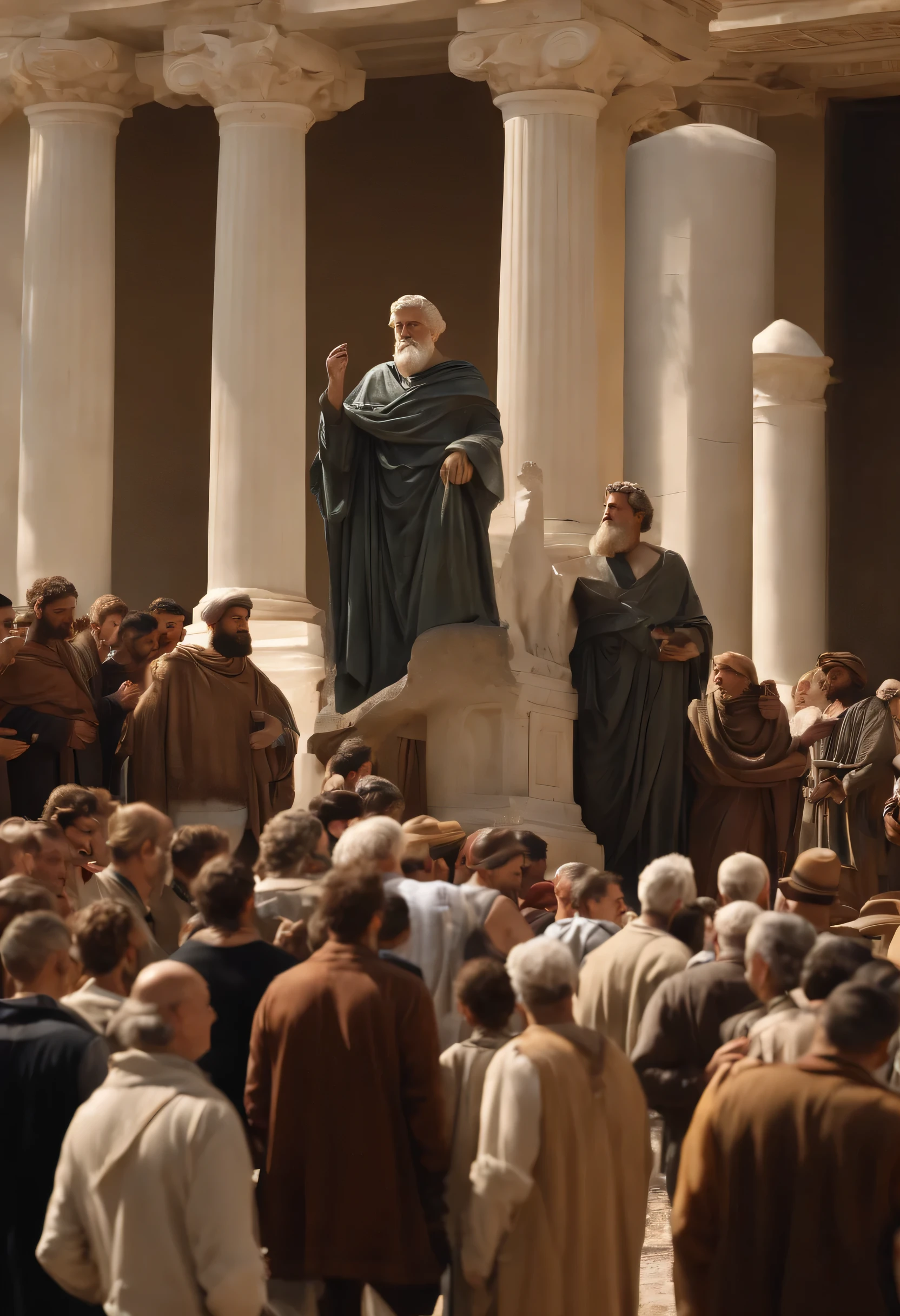 (best qualityer,4K,Full HD,Cao Cao:1.2),ultra detali,(realisitic,Fotorrealisitic,fotorrealisitic:1.37),a group of eight male philosophers gathered together, Greek statue style, Roman landscape, a group of men engaged in conversation, surrounded by a crowd of curious people, Your presence attracts attention.