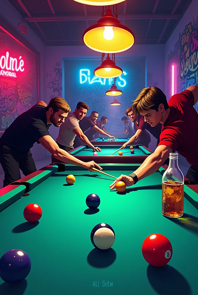 snooker eight ball, drinks, funk, trap, graffiti style