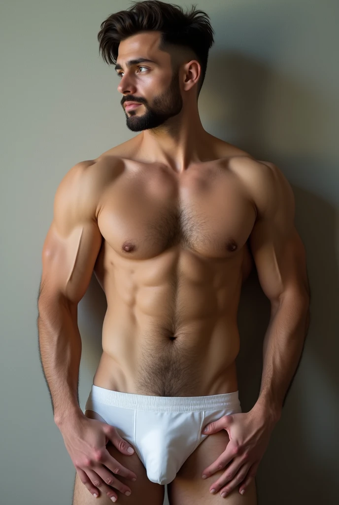 Man in white underwear muscular body white skin big cock,and hair on the lower abdomen long