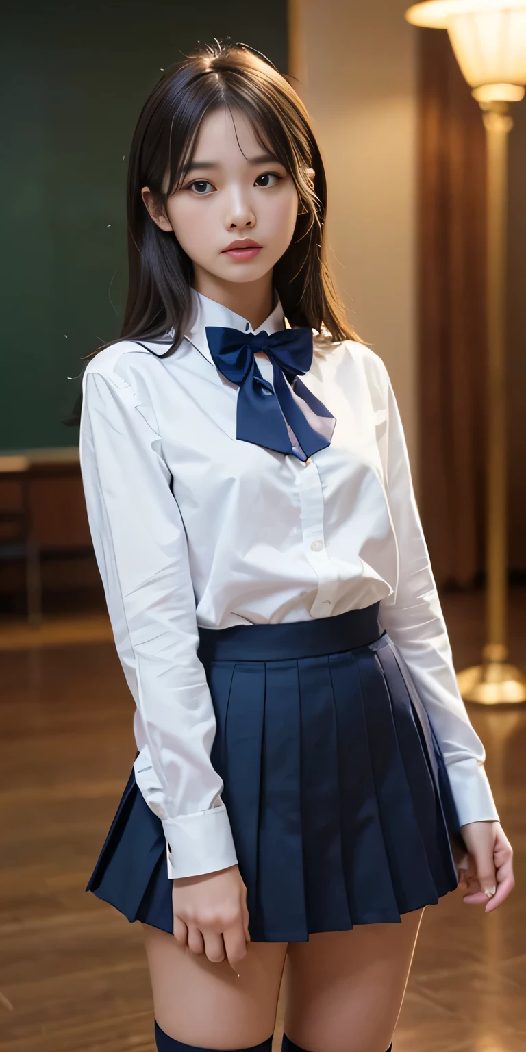 (Tabletop, Highest quality:1.4), Beautiful Face, 8k, 85mm, Absurd, from the front、1、1、((Very cute high school :1.4))、((hotel lobby:1.4))、(((White short-sleeved shirt for school uniform:1.4)))、 ((Cowboy Shot:1.5))、Delicate, alone、((Dark blue pleated skirt:1.4))、((Navy blue student bow tie:1.4))、((Dark blue socks:1.4))、((Dark blue panties:1.4))、((Medium Long Straight Hair:1.4))、Show Viewer, Upper Body, Film Grain, chromatic aberration, Sharp focus, Face Light, Professional Lighting, Sophisticated, (Troubled expression:1.4), ( background, Bokeh background:1.2), ((Confused expression:1.4))、detailed aspects、