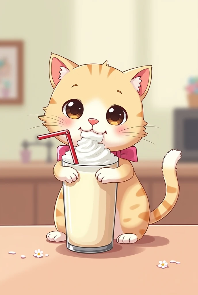 A cute cat drinking a milkshake