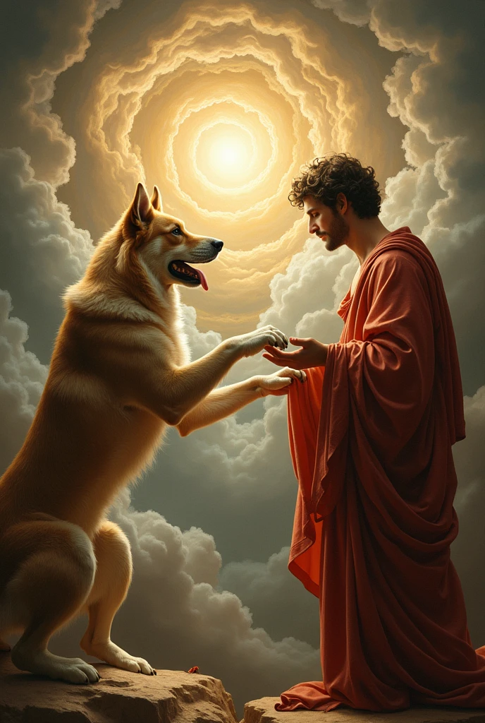 Can you help me create and generate a reinterpretation of Michelangelo&#39;s painting?, with the work “The Creation of Adam” for a graphic production. The proposal for the reinterpretation is to replace the God or man in the work with a dog., for this dog to touch man or God. 