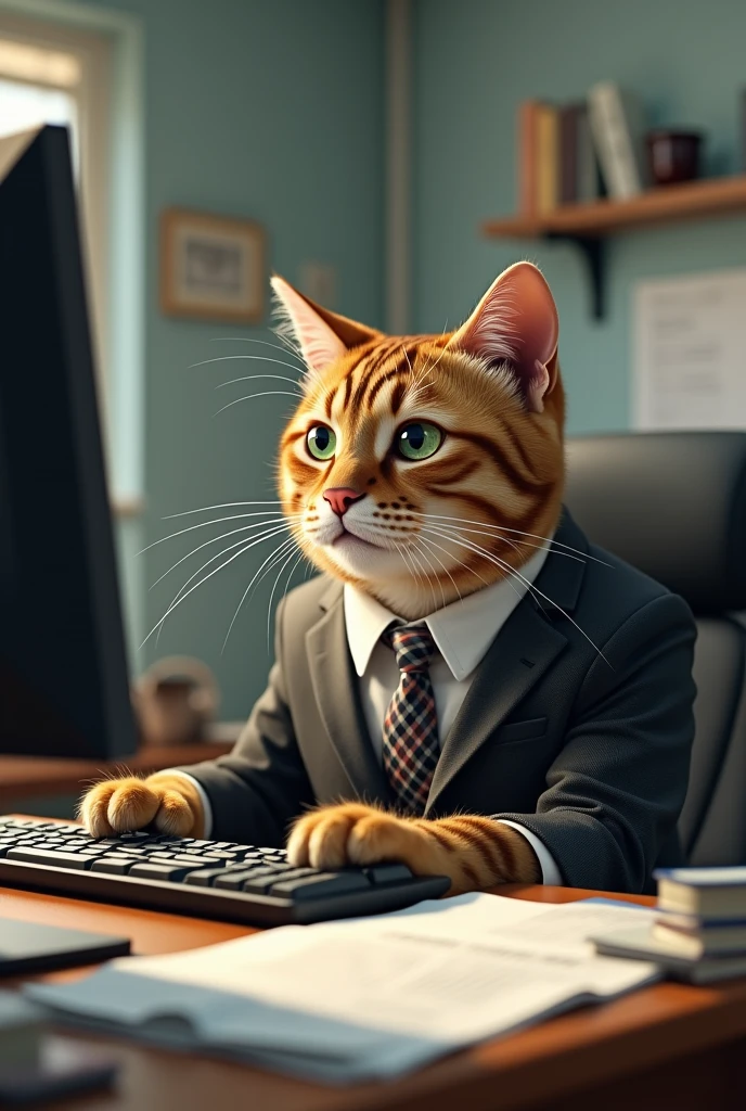 a cat working in an office with tie, a computer on the desk and a pile of papers