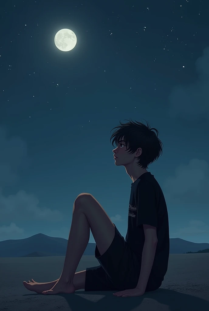 A beautiful young boy sitting in a relaxed pose in vast ground under moon and starts in night sky in low light having light skin complexion and silky smooth hair wearing black t shirt and shorts on which his name "Dr Shoaib Sultan" is written who is thinking about his lost mother and his upcoming life 