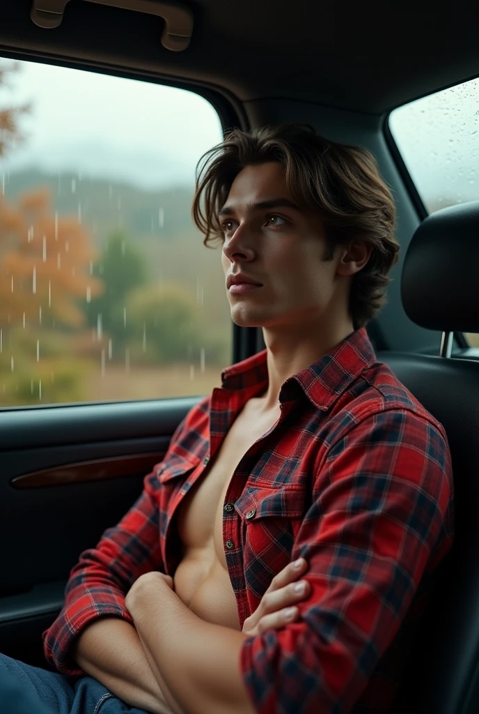 masterpiece, Best quality, super detail, ultra realism, super realism, 8k, sharp textures, detailed skin texture accurate anatomy, young very handsome guy with brown wavy hair rides in the back seat of a car and looks out the window at the autumn rainy landscape. Dressed in a red checkered unbuttoned shirt