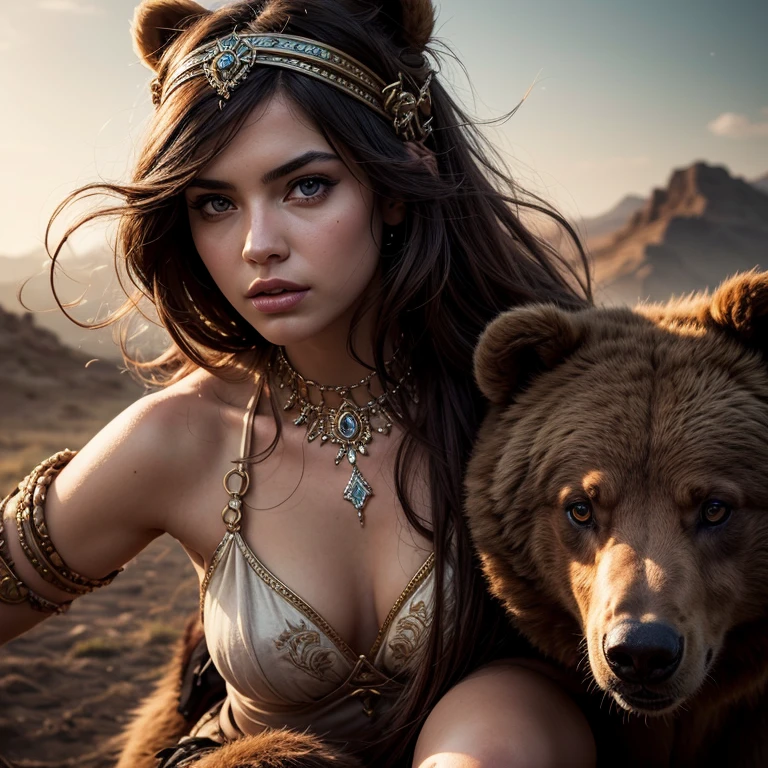 barbarian girl riding a bear, extremely detailed face, exquisite detailed eyes, delicate facial features, ethereal, fantasy, cinematic, highly detailed, detailed clothing, intricate, photorealistic, 8k, masterpiece.