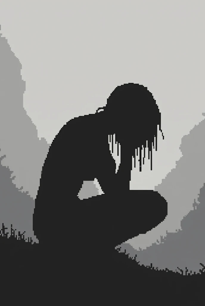 A drawing about the emotion of sadness pixelated in a simple black and white way