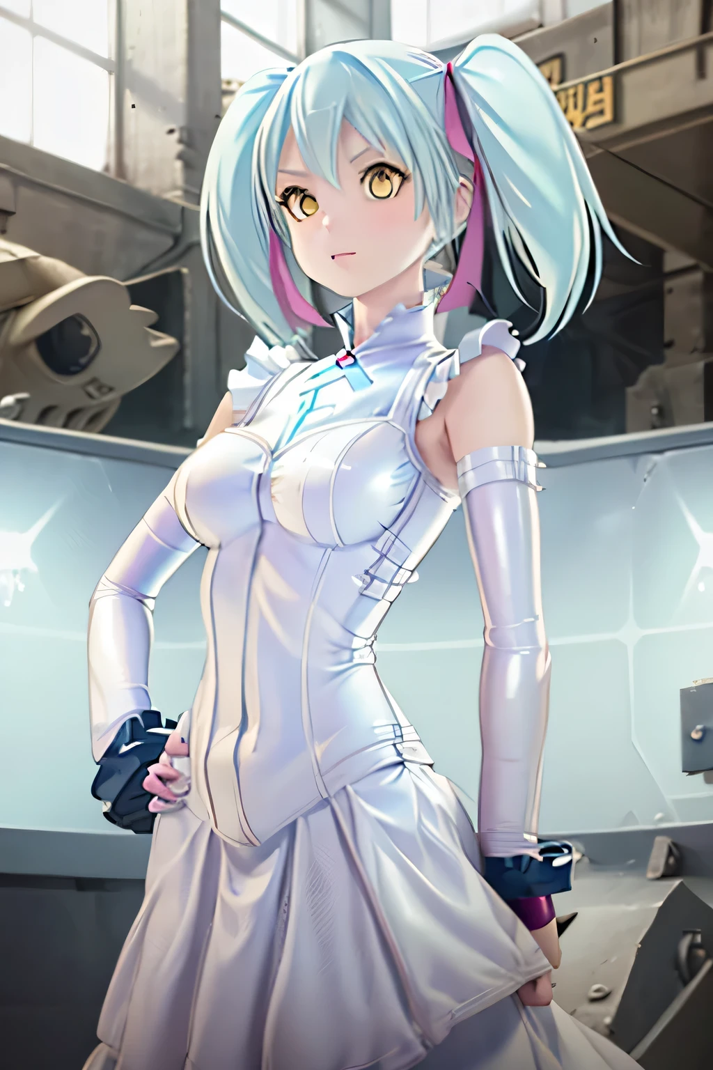 Perfect Anatomy　Highest quality,Highest Resolution,(((White latex dress　Light blue hair)))　[blurry]　16K　Removable sleeves　Sleeveless dress　Yellow Eyes　Advance Wars Tabitha