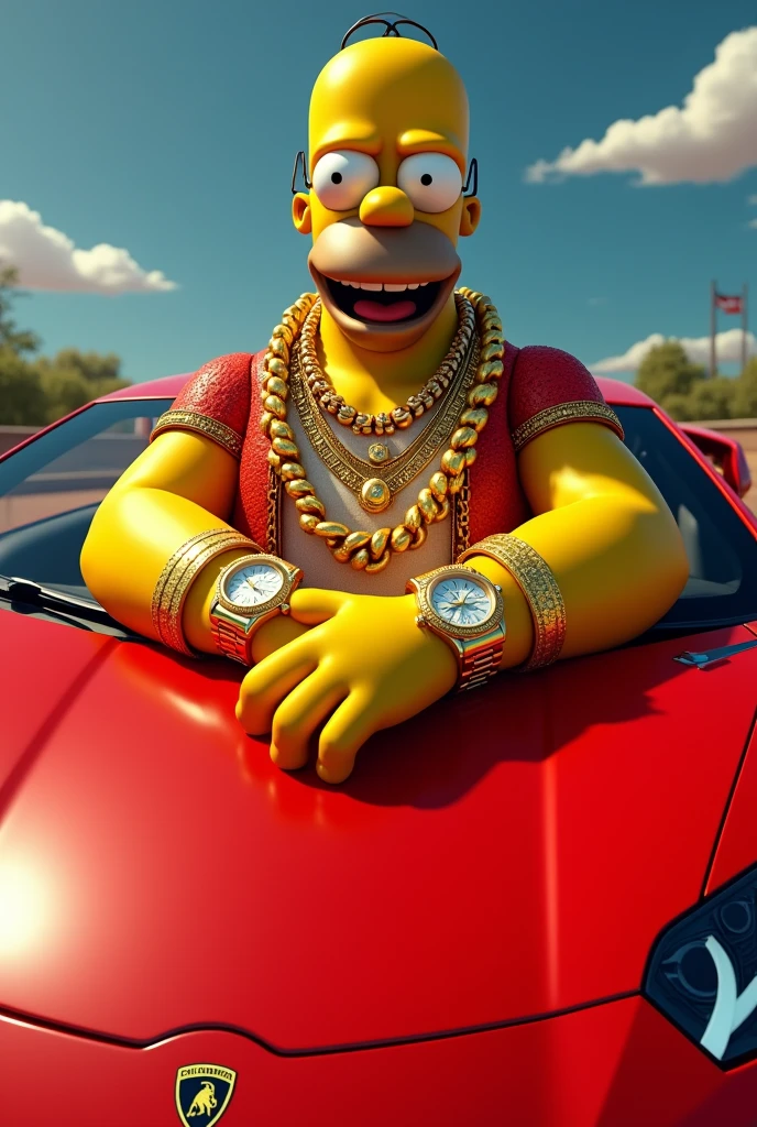 Homer Simpson with luxury chains watches on the hood of a lamborghini smiling, with dark eyelids