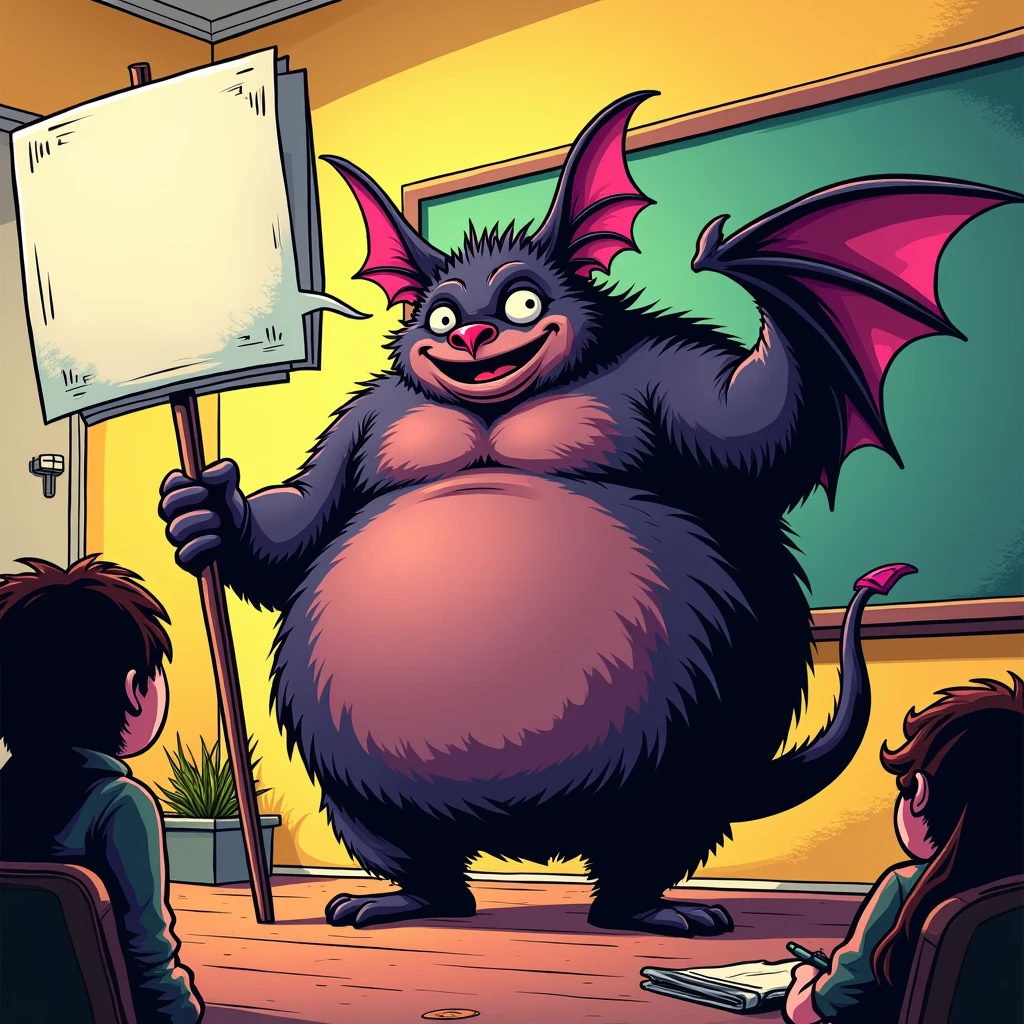 obese bat standing in classroom holding sign, vibrant colors, bold outlines, exaggerated proportions, dynamic poses, flat shading with limited gradients, action lines for emphasis, speech bubbles or thought balloons, panel-like composition, halftone dots for shading effects, cross-hatching for texture, foreshortening techniques, dramatic lighting and shadows, onomatopoeia text effects, stylized background elements, inspired by Jack Kirby and Steve Ditko, blending classic comic book and modern digital illustration, high contrast, saturated CS:GO style palette
