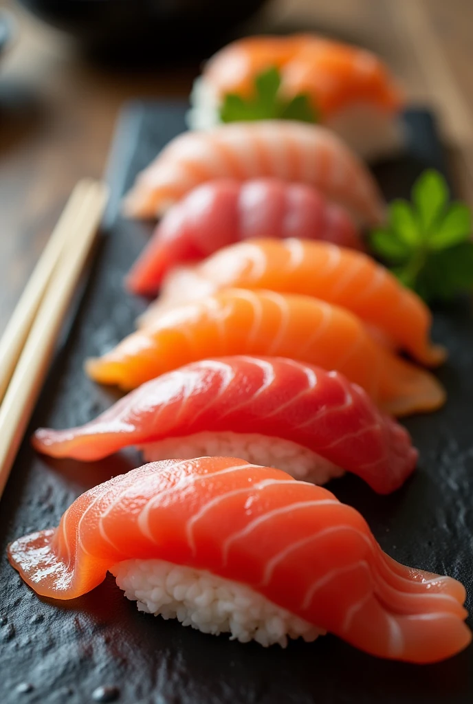 Delicious sashimi and sushi lined up on the table