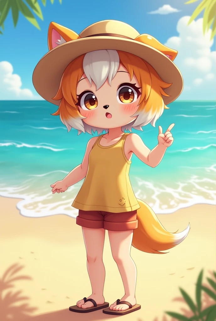 A half-puppy anime human girl with white and orange spots, She has fluffy hair and summer beach clothes 
