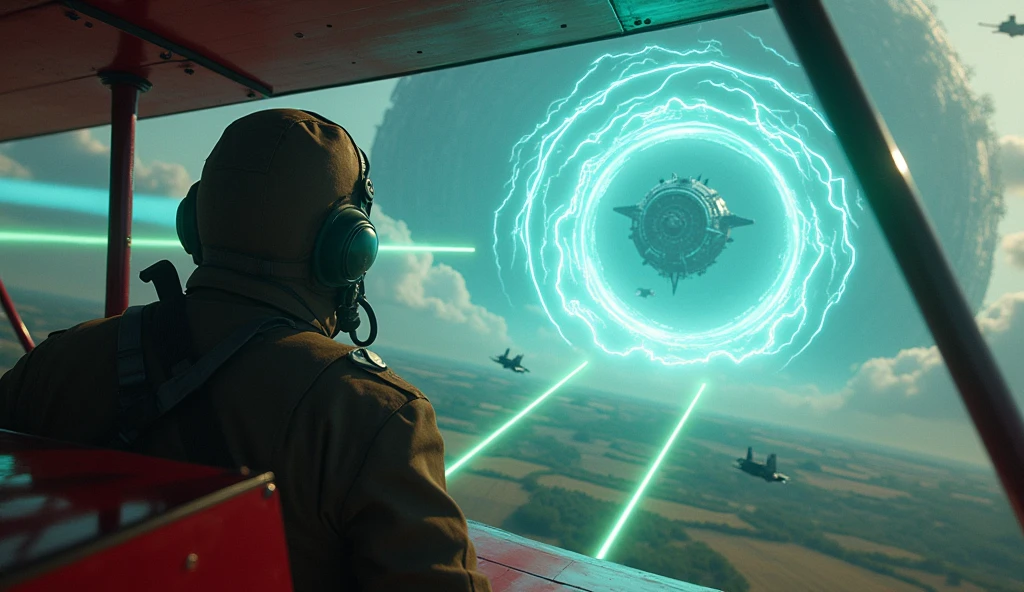 A breathtaking cinematic scene from the cockpit of a vintage red triplane in "Red baron"style, soaring through World War I-inspired skies over the fields. The pilot wears a World war I outfit with pilot hat and googles and itintently stares at a colossal swirling portal of electric blue lightning, revealing a vast cosmic expanse beyond. A massive imperial destroyer like star wars films looms in the distance, unleashing powerful green laser beams that pierce the sky. TIE fighter-like ships swiftly navigate the portal, creating an electrifying and dynamic atmosphere that combines historical and futuristic elements., cinematic