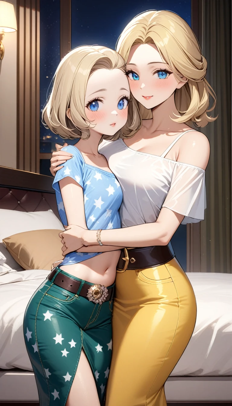 ((Two beautiful ladies)), ((lady 1: 45y old mom, with short straight blonde hair with blue eyes and caucasian skin, wearing ((Tight Dark Green Denim Skirt)), ((Leather Belt)), ((Sexy Off Shoulder Short Sleeves Blue Blouse With White Stars Prints)), ((lady 2: 18y old daughter, with short straight blonde hair with blue eyes and caucasian skin, wearing ((Tight Yellow Denim Skirt)), ((Leather Belt)), ((Sexy One Strap White Blouse)), ((lady 1: 45y old mom wearing luxurious jewelry, 18k gold wedding ring on left hand)), standing in their bedroom at night, mother hugging and kissing her daughter from behind, (light brown lipstick), (elegant mascara), (slim body), (small breasts), (wide hips), endjourney, <lora:GoodHands-, <lora:GoodLegs-, UHD, high resolution, (expressive eyes, perfect face, full body, expressive face, perfect body, perfect pussy, athletic, fit, slim body, blushing, Perfect makeup, eyeliner, beautiful eyelashes, smiling, horny face), ((best illumination, best shadows)), ((sexy pose)), score_9_up, score_8_up, score_7_up