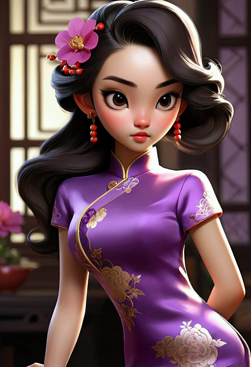 Girl，Purple long hair，Black eyes，Wear a sexy cheongsam