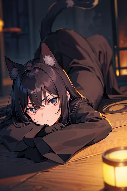 The cat is small and elegant, with an entirely black coat that shines like silk in the light. Your eyes are big and expressive.