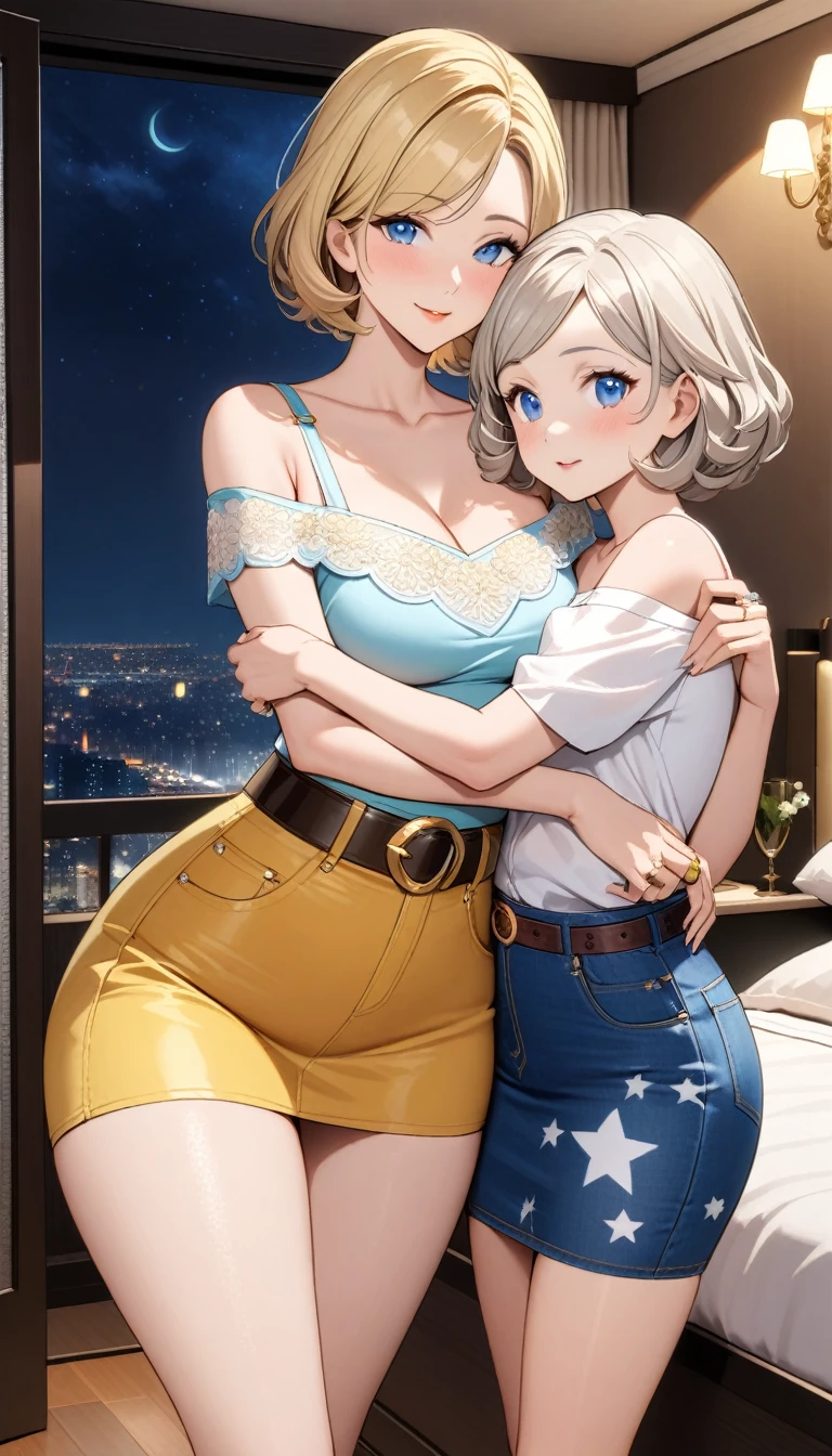 ((Two beautiful ladies)), ((lady 1: 45y old mom, with short straight blonde hair with blue eyes and caucasian skin, wearing ((Tight Dark Green Denim Skirt)), ((Leather Belt)), ((Sexy Off Shoulder Short Sleeves Blue Blouse With White Stars Prints)), ((lady 2: 18y old daughter, with short straight blonde hair with blue eyes and caucasian skin, wearing ((Tight Yellow Denim Skirt)), ((Leather Belt)), ((Sexy One Strap White Blouse)), ((lady 1: 45y old mom wearing luxurious jewelry, 18k gold wedding ring on left hand)), standing in their bedroom at night, mother hugging and kissing her daughter from behind, (light brown lipstick), (elegant mascara), (slim body), (small breasts), (wide hips), endjourney, <lora:GoodHands-, <lora:GoodLegs-, UHD, high resolution, (expressive eyes, perfect face, full body, expressive face, perfect body, perfect pussy, athletic, fit, slim body, blushing, Perfect makeup, eyeliner, beautiful eyelashes, smiling, horny face), ((best illumination, best shadows)), ((sexy pose)), score_9_up, score_8_up, score_7_up