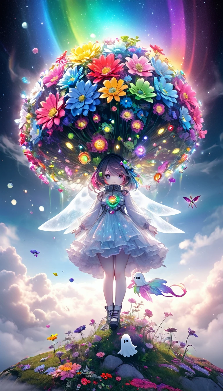 A fantasy world that combines flower punk and gem punk, Beautiful fairy, A distorted space from another dimension, Cute naughty ghost, Conceptual installation art, (Extremely detailed, Absolute resolution, best quality:1.3), 2.5D, Delicate and dynamic special effects, Fog filter effect, Rainbow glitter effect, artistic, overtake, Graphics CG Digital Art