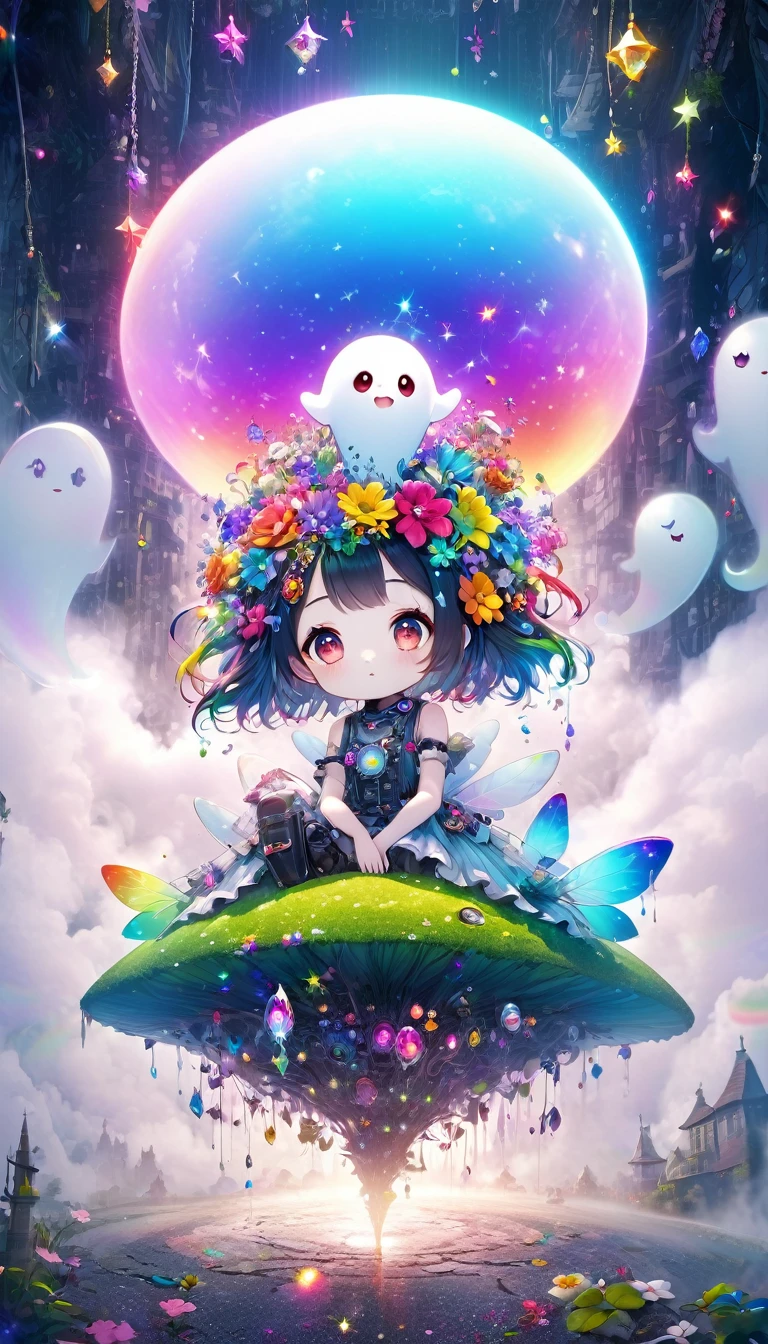 A fantasy world that combines flower punk and gem punk, Beautiful fairy, A distorted space from another dimension, Cute naughty ghost, Conceptual installation art, (Extremely detailed, Absolute resolution, best quality:1.3), 2.5D, Delicate and dynamic special effects, Fog filter effect, Rainbow glitter effect, artistic, overtake, Graphics CG Digital Art