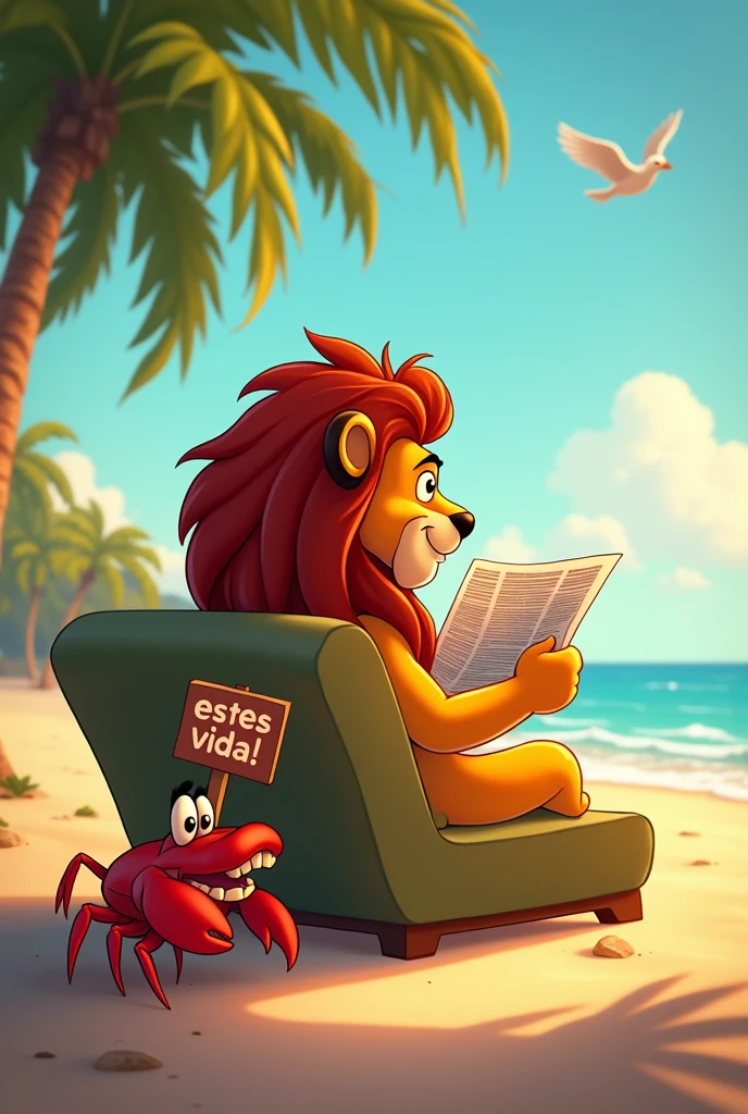 A Disney-style lion reading a newspaper on a sofa seen from behind on the sandy beach, with palm trees, birds in the background overhead, with lots of lighting. There is also a crab with a sign that says: "Esto es vida!"