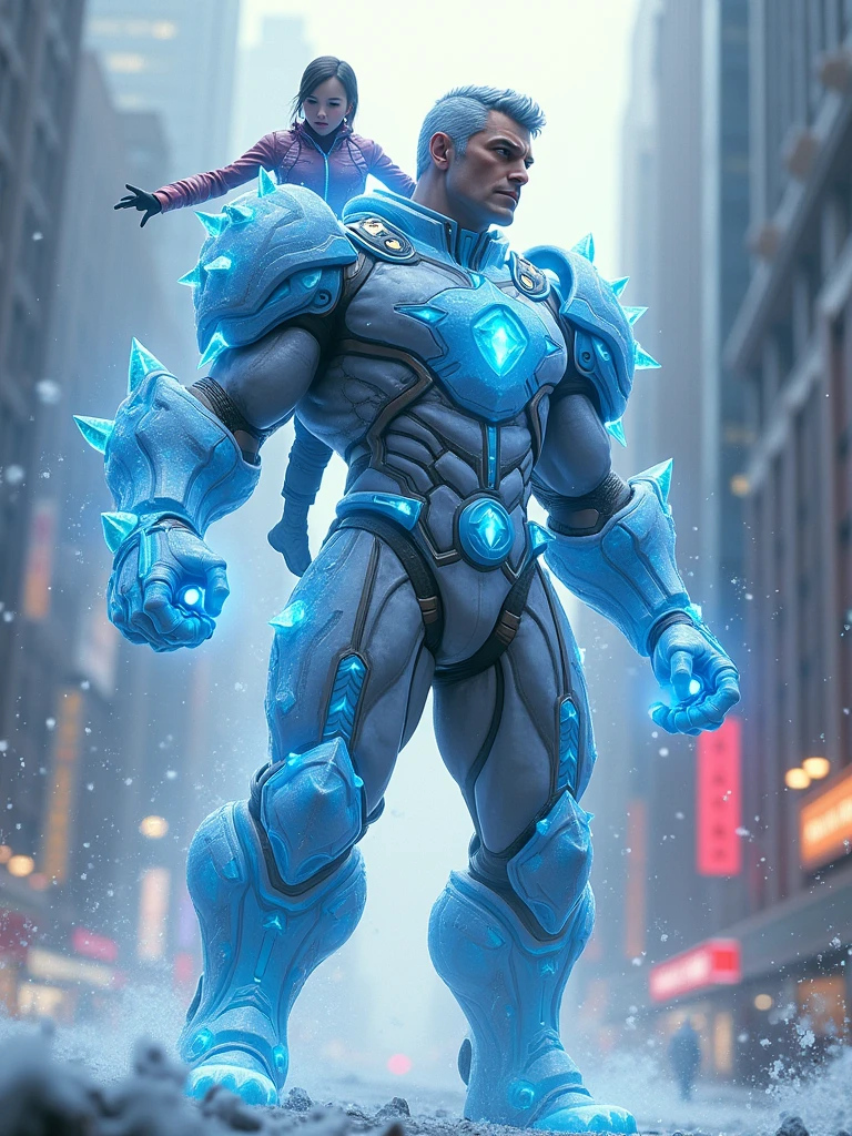 A man has ice-based powers and wears a shining, icy-themed outfit full of tubes. He is very tall, 2.10 meters. He ((has a backpack-like apparatus on his back with a person attached to it))—his companion, who fights alongside him while being strapped to his back