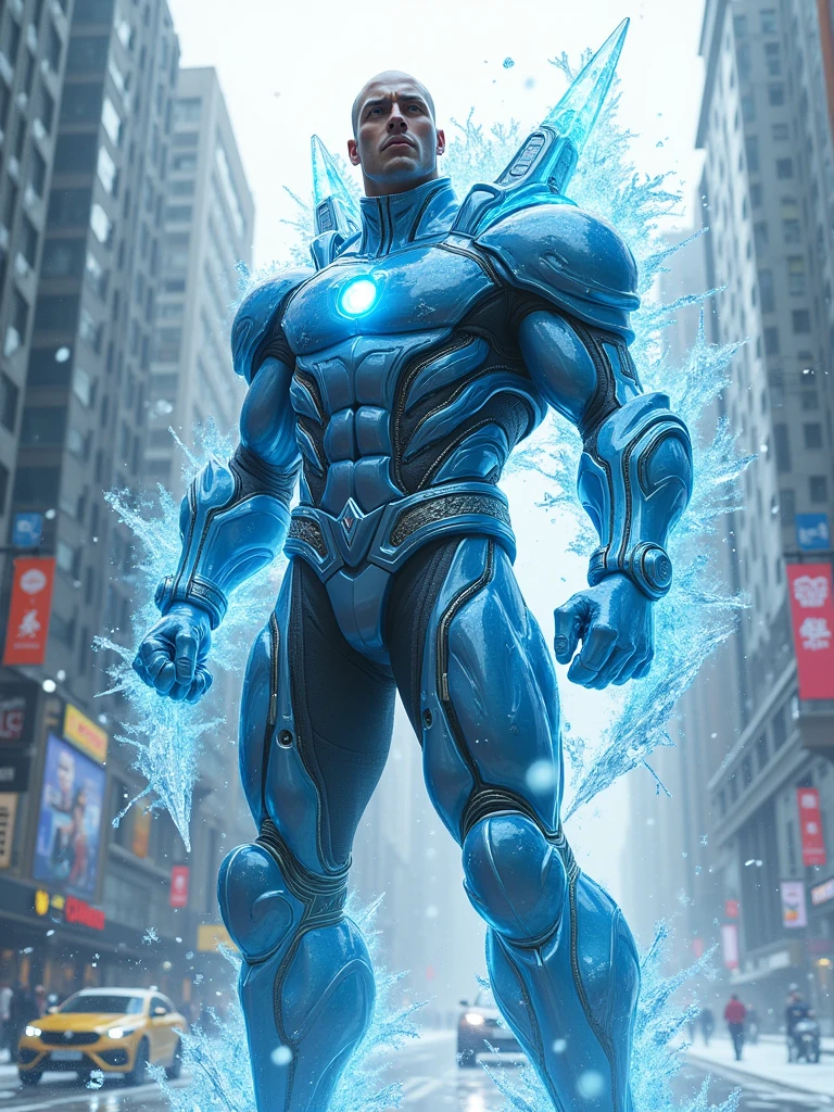 A man has ice-based powers and wears a shining, icy-themed outfit full of tubes. He is very tall, 2.10 meters. He ((has a backpack-like apparatus on his back with a person attached to it))—his companion, who fights alongside him while being strapped to his back