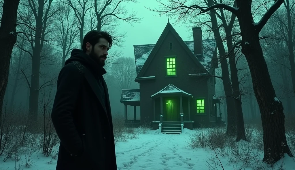 A handsome bearded guy, black hair, walks through a dark winter forest, stands near a scary house, looks out the window. Green light from the windows of the house