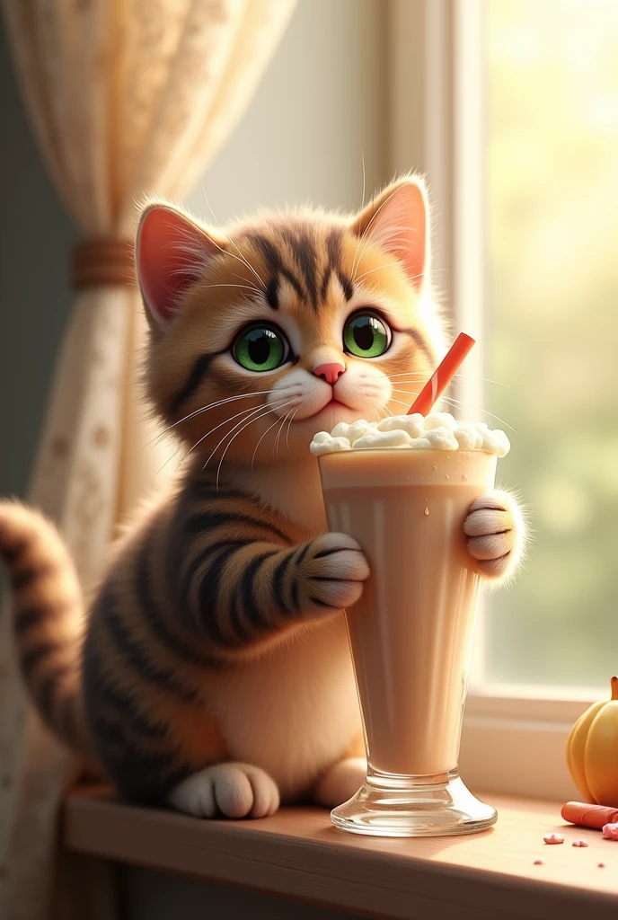 A cute realistic cat drinking a milkshake