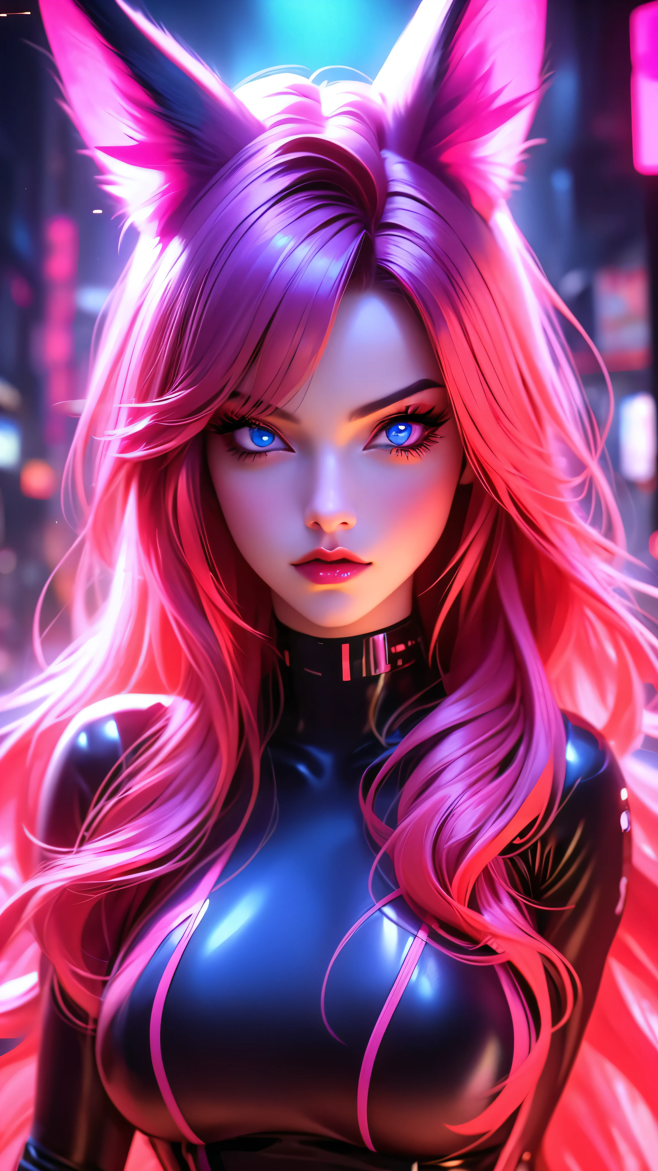a girl with long red hair and cat or fox ears, looking directly at the viewer, solo portrait in a neon noir style, detailed blue eyes, full lips, large breasts, detailed facial features, complex hairstyle, dramatic blue, pink, purple neon lighting, cinematic composition, photorealistic, 8k, highly detailed, masterpiece